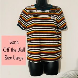Vans “off the wall” mustard/brown/red/black striped shirt sleeve top size Large